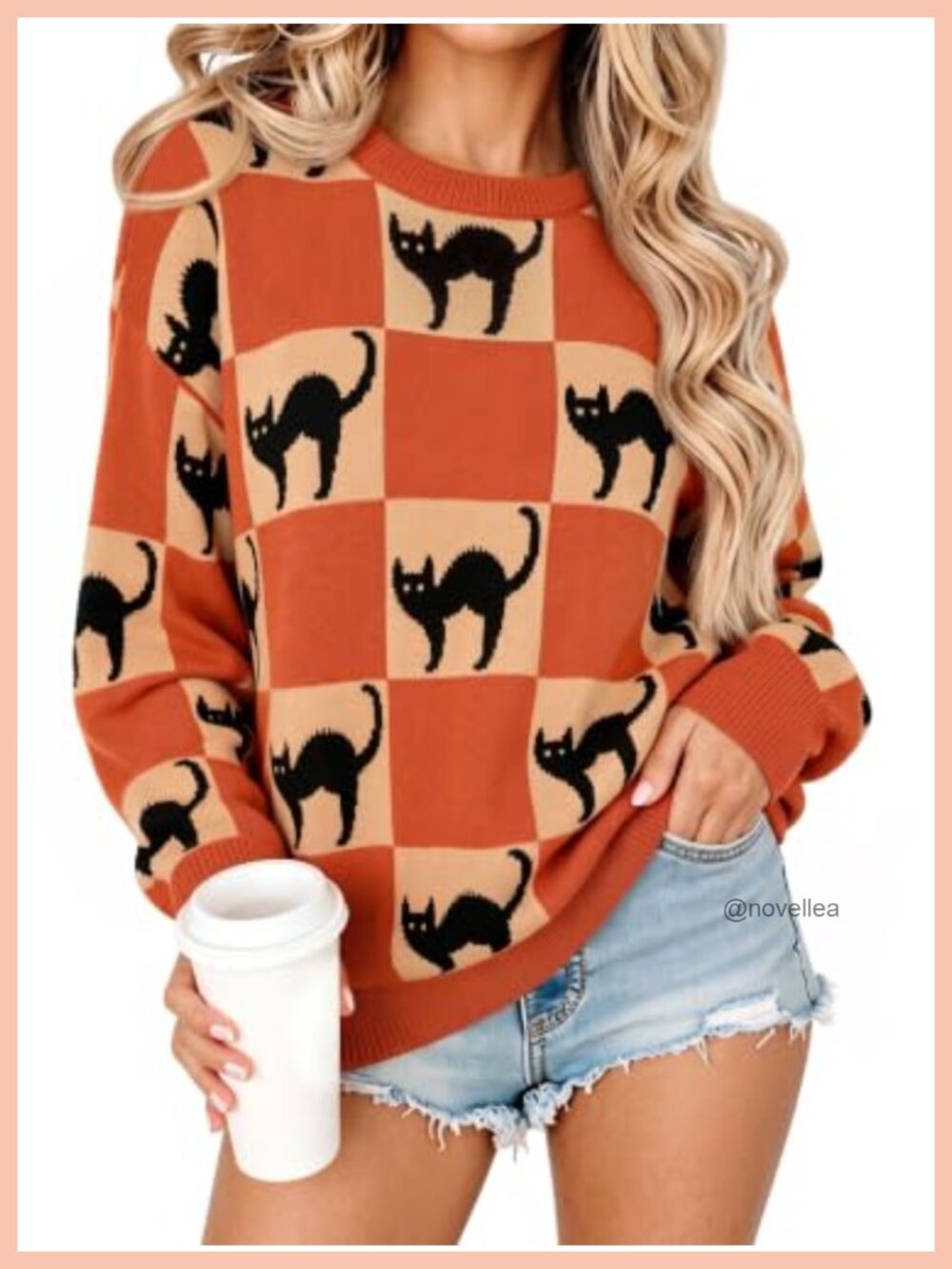 Womens Ugly Halloween Black Cat Knit Pullover Sweater Crewneck